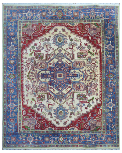 8X10 Serapi Teppich Deko Handarbeit Elfenbein Blau, Handgeknüpft Wolle Vorleger 17458