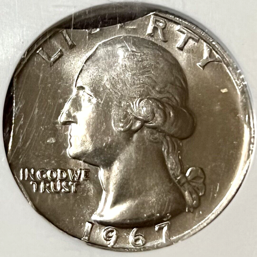 TRIPLE CURVED CLIPS 1967 SMS WASHINGTON QUARTER NGC MS-67 MINT ERROR! - Picture 3 of 4