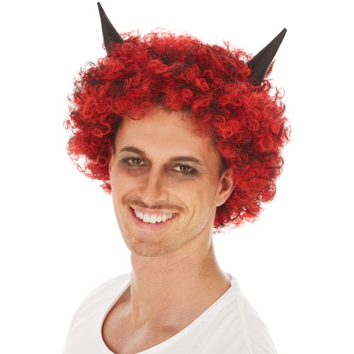 Perücke schwarz-rot lockig kurz mit Hörner Halloween Hexe Teufel Vampir Karneval - Bild 4 von 4