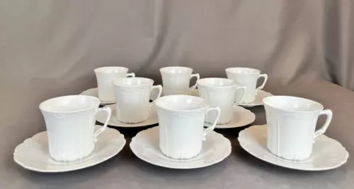 8 Tirschenreuth BARONESSE WHITE 3" Flat Cup & Saucer Sets: MINT