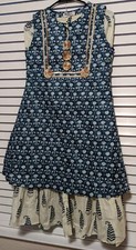 Girls blue floral printed pleated kurti with skirt
