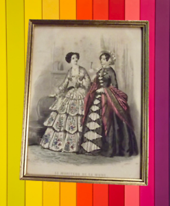 Antique cadre sous verre Gravure Moniteur de la Mode 1869 n°323 Robe Fleuries