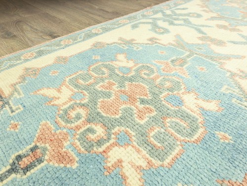 Small Oushak Hand Woven Runner-Turkish Traditional Rug in blue, cream-2.5x6 ft - Picture 9 of 13