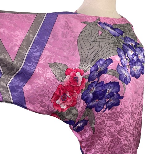 Vtg 90s Siasia Satin Floral Blouse Pink Purple Orchids Roses Side Tie Size Large - Picture 7 of 10