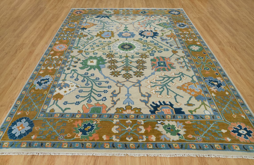 New Oushak Hand Knotted Wool Rug Transitional Rug Living Area Rug Cream, Gold - Picture 5 of 9