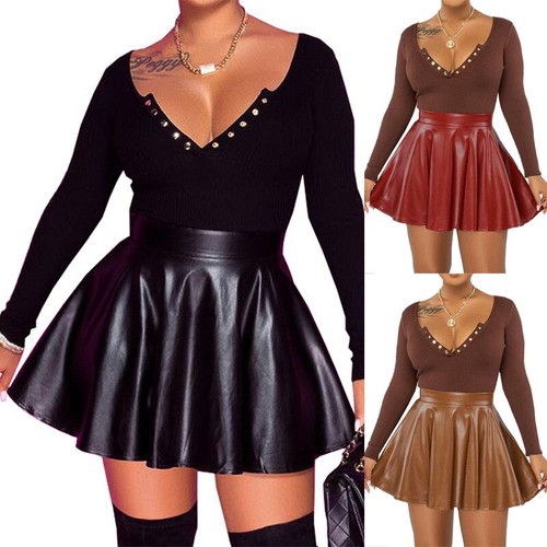 Women's PU Leather Mini Skirts Party Dress High Waist Ruffles Swing Dresses SIZE - Picture 2 of 20