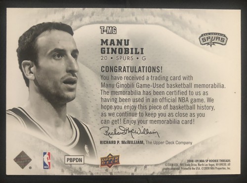 2008-09 SP Rookie Threads - SP Threads #T-MG Manu Ginobili HOF - Picture 2 of 2