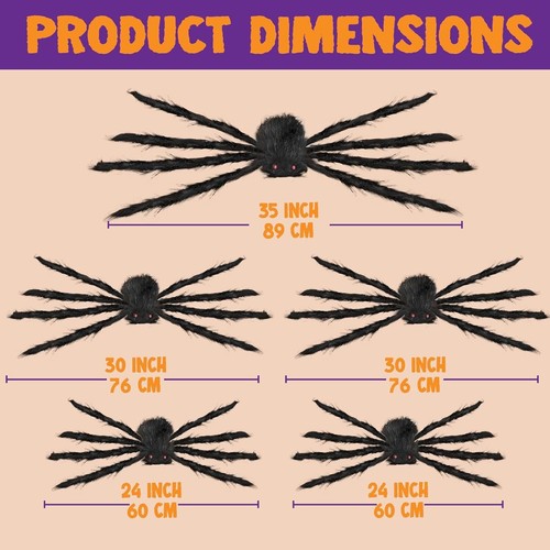 5 Paquetes Decoraciones Halloween Exterior Arañas Gigantes (35", 30", 24", 20", 12") - Imagen 7 de 9