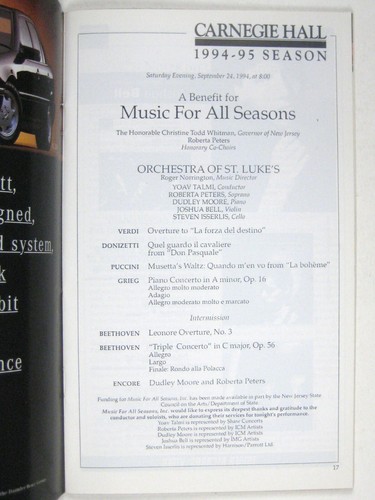 Orchestra St. Luke Stagebill September 1994 Talmi Carnegie Hall New York City - Picture 3 of 5