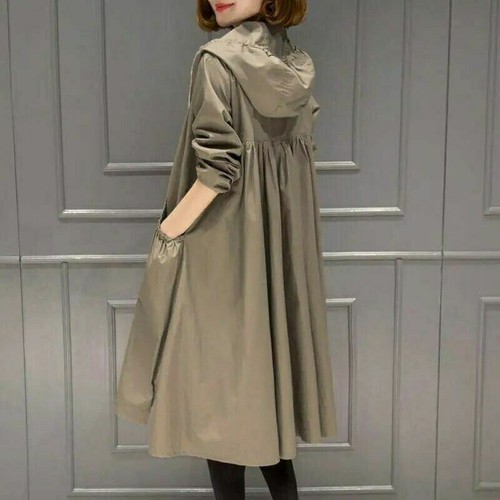 Damen langer Trenchcoat Frühling Herbst mit Kapuze lockerer Mantel Windbreaker Jacke - Bild 20 von 21