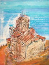 European art gouache painting island chapel