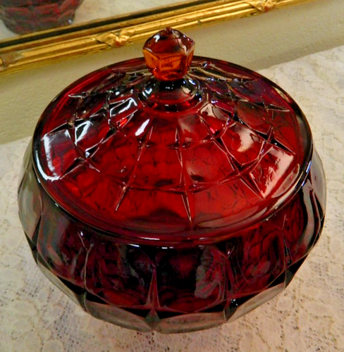 Tiara Indiana Rot Amberina Glas Sternbild Keks Süßigkeiten Schüssel Schale Deckel - Bild 2 von 6
