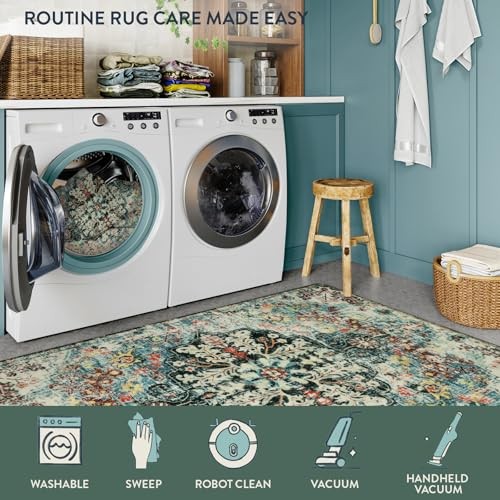 Bohemian Floral Medallion Area Rug - 5x7 Teal Large Washable Rugs for Living - Picture 5 of 8