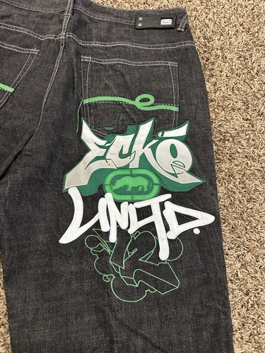 Vintage Y2K Ecko Unltd Jeans Men Charcoal Rhino Graffiti Embroidery Size 38x29 - Picture 2 of 8