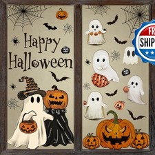 Whaline 6 Sheets Halloween Window Clings Vintage Ghost Evil Pumpkin Bat