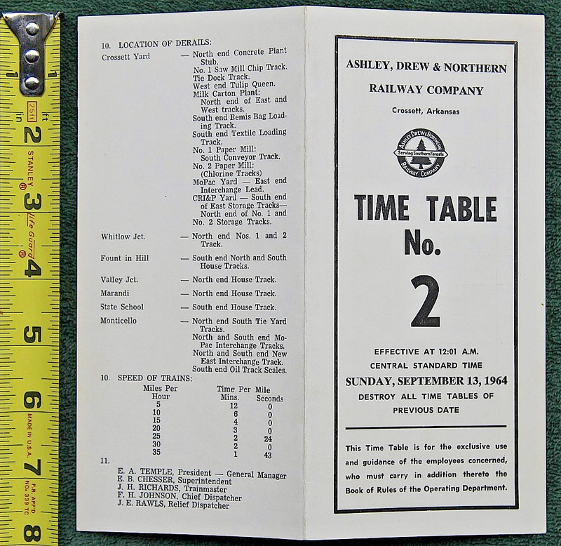 1964 Ashley Drew & Northern Railway Crossett Arkansas Railroad Timetable Rare