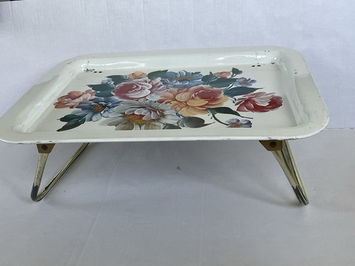Vintage Metal Bed Tray Table Floral Folding Legs Breakfast Serving MCM GUC - Picture 7 of 13