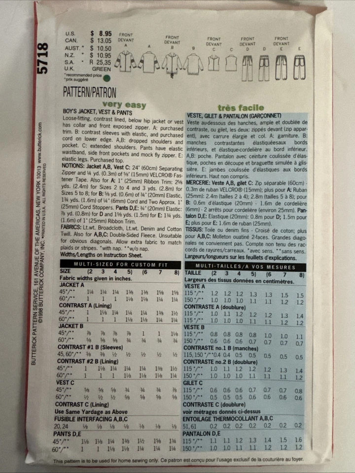 5718 Butterick Vintage SEWING Pattern 6, 7 8 Boys 1990s Jacket Vest Pants UNCUT - Image 2 of 3