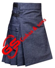 Scottish Handmade Blue Denim Utility Kilt Leather Straps Men's Custom Size Kilts