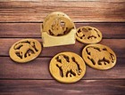 Vintage Kenyan Hand Carved Wood Coaster Set Of 6 African Safari Animals Mid Cent