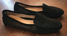 Patricia Green Barrie Black Perforated Suede Driving Moccasins Flats EUC sz 9 M