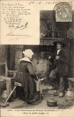 Ak Französische Volkstracht, Küche, Kessel, Rauchender Mann - 4405243