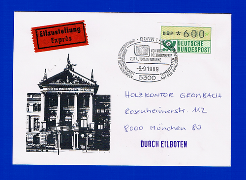 "Von der Posthornserie zur ATM" Express-FDC seltene EF 600 Sonder-SchWZD off.Bf. - Picture 2 of 2