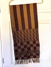 Authentic Fendi Beige Striped FF Logo Fringe Wool Reversible Rectangle scarf