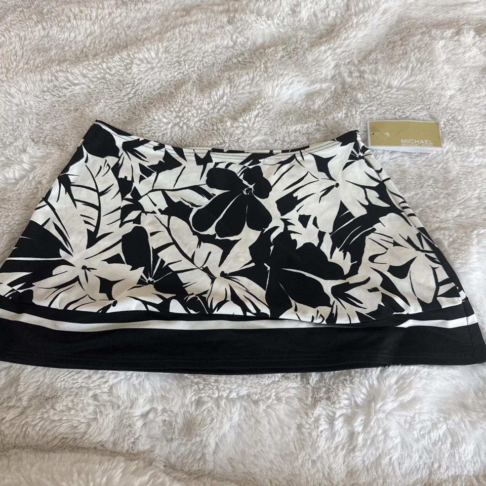 NUEVO CON ETIQUETAS Michael Kors Majesty Palm Swim Cover Up Falda Negro Blanco Minorista $86 - M Foto 2 de 4