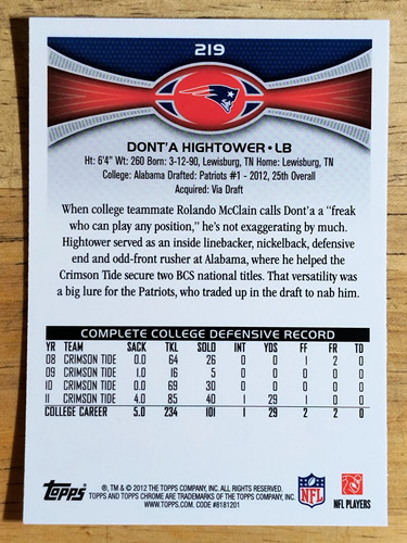 Topps 2012 cromo #219 Dont'a Hightower radiocontrol - Imagen 2 de 2