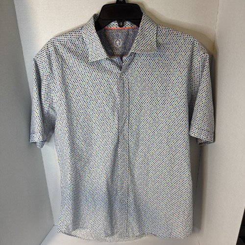 bugatchi men shirt medium multicolored polkadot button-down short sleeve