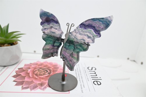 4'' A pair Natural Fluorite Butterfly Wing Reiki Crystal Skull Decor + Stand - Picture 4 of 13