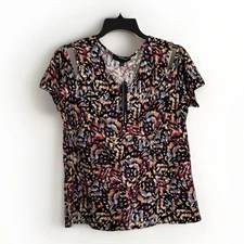 Adrienne Vittadini Women's Blouse V Neck Cut-Out Shoulders Multicolor Size L NWT
