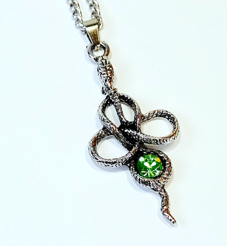Snake Pendant Necklace with Vintage Uranium Glass Glow Cabochon Gothic Jewelry - Picture 5 of 10