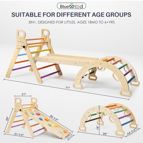 Juego de triángulos BlueWood Pikler, juguetes de escalada de madera plegables 7 en 1 para niños pequeños - Imagen 2 de 8