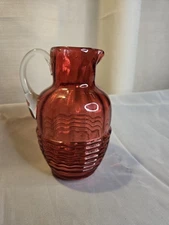 Vintage Red Glass Pitcher Ribbed Optic Clear Applied Handle 6"