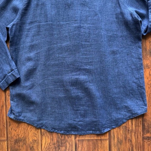 Flax Linen Button Up Top Size M Navy Blue Mandarin Collar Lagenlook Sustainable - Picture 17 of 17