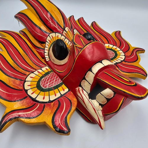 Hand Carved Wood Demon Mask Wall Art Red Yellow Folk Decor No Markings - Picture 4 of 16
