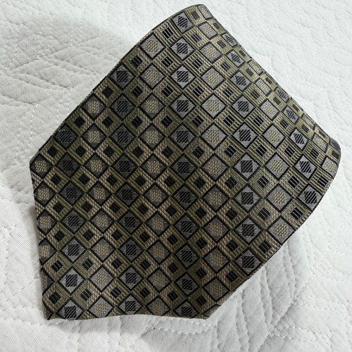 Louis Roth Herren Krawatte 100% Seide Geometrisches Muster Khaki Schwarz Silber Neu - Bild 1 von 7