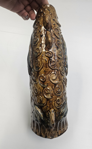 Mid Century 14" Vase Hand Painted Blue Brown Koi Fish Mouth Open w relief scales - Picture 5 of 13