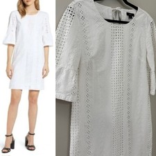 J. Crew Cotton Preppy Classic Minimalist Bell Sleeve White Eyelet Dress 8 M/L