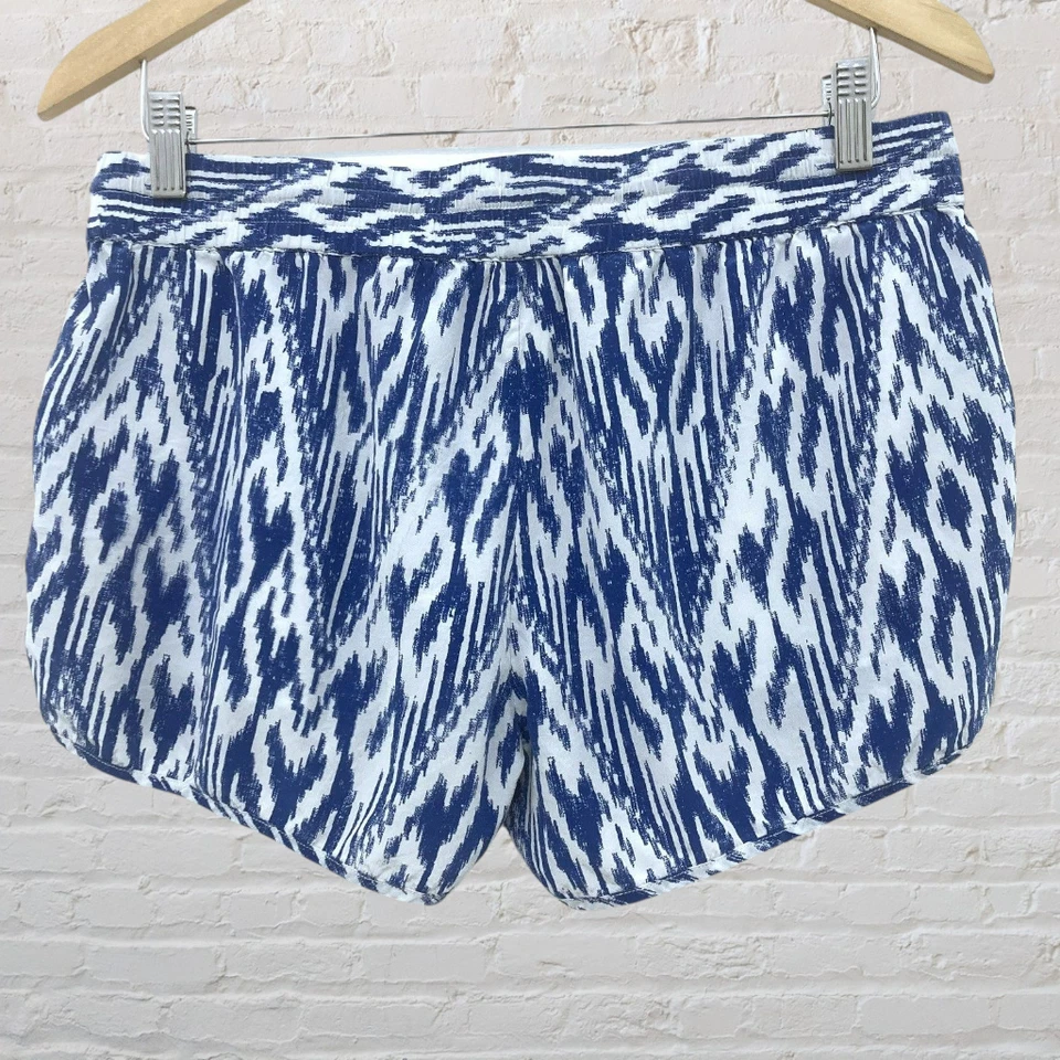 Pantalones Cortos de Seda Joie Layana Talla L Azul Blanco Estampado Ikat Bolsillos con Cordón Usados en Excelente Condición Foto 2 de 4