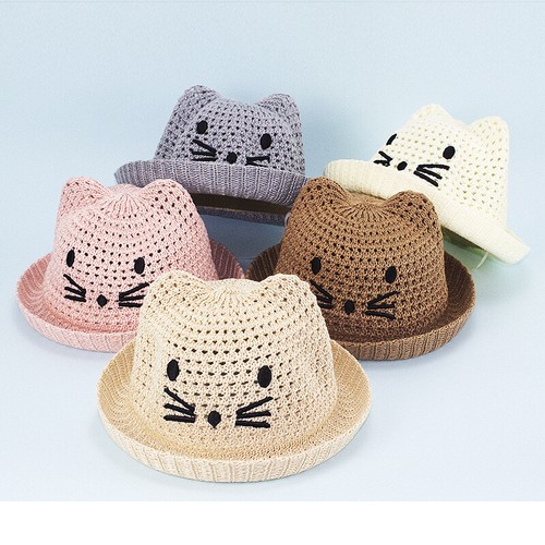 Kids Porkpie Hat Cute Cat Shape Straw Fedora Summer Beach Travel Boy Girl - Picture 1 of 14