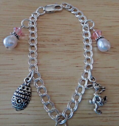 6" Sterling Silver 3 Pearl drops and Easter Rabbit and Egg on Charm Bracelet - Picture 2 of 4