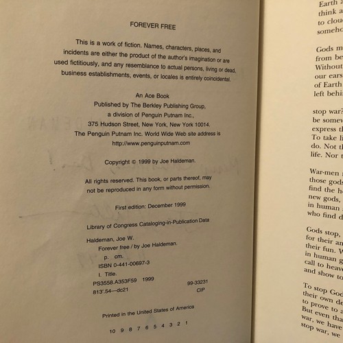SIGNED Forever Free by Joe Haldeman (1999 Hardcover DJ in mylar, 1st/1st VG/VG) - Foto 8 di 8