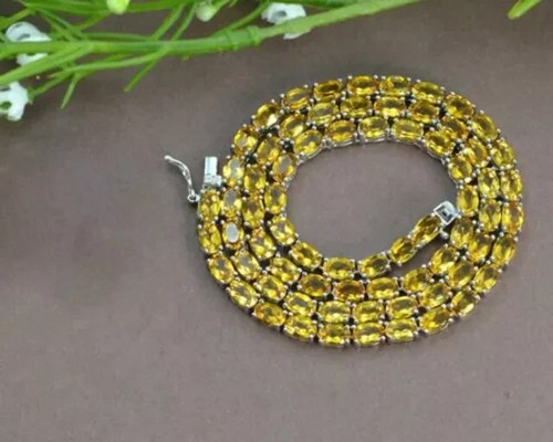 25Ct Oval Lab Created Citrine Tennis Necklace for women 14k WhiteGold Plated 18" - Picture 4 of 4