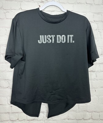Nike Yoga Women s Short Sleeve back tie Just Do It black print shirt, sz S