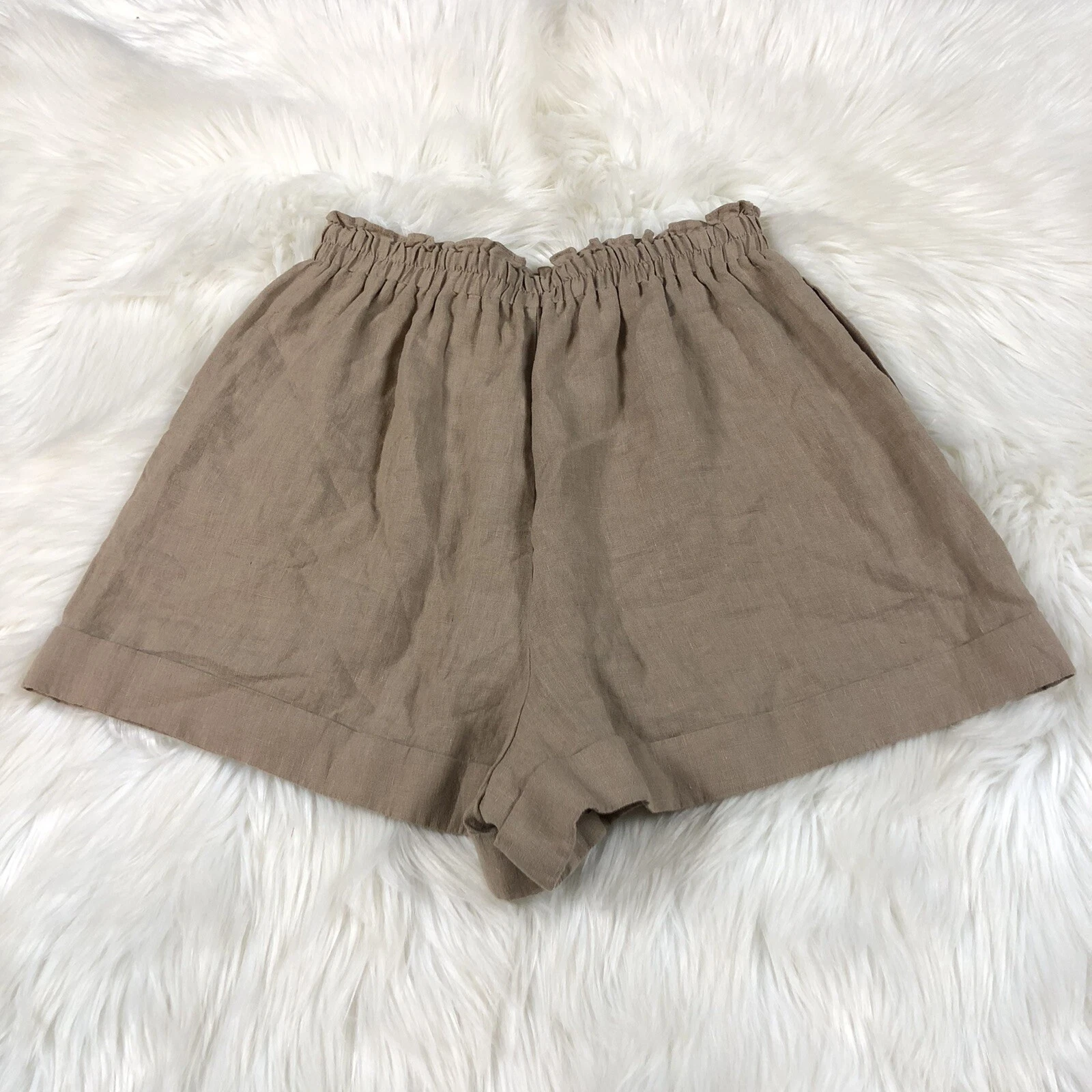 Majorelle Linen Paperbag Shorts Brown Tan Lagenlook Lined Elastic Waist Small