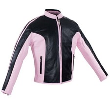 Womens Pink And Black Leather Racer Motorcycle Jacket With Pockets Free Ship