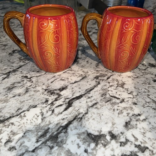 2 Ceramic Coffee Mug Pumpkin Fall Halloween Decoration Cup Leaves Brown Handle